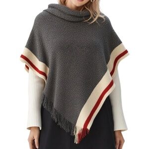 Roots Chunky Grey/Red Striped Poncho Size S